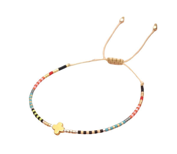 BOHEMIAN RAINBOW RICE BEADED CROSS Bracelet Pink/ Natural