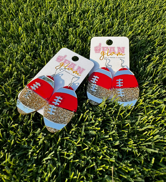 Red/Gold Glitter Football Dangle Earrings