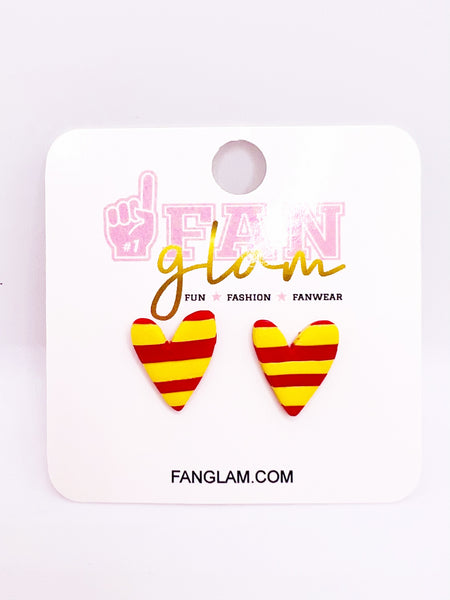Red & Gold Clay Striped Heart Stud Earrings