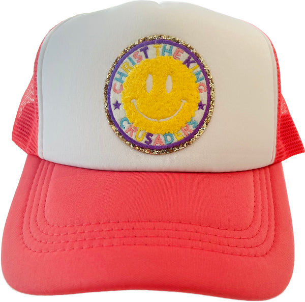 Adult & Youth "Christ the King Crusaders" Smiley Patch Trucker Hat (Hot Pink/Purple Color Options)