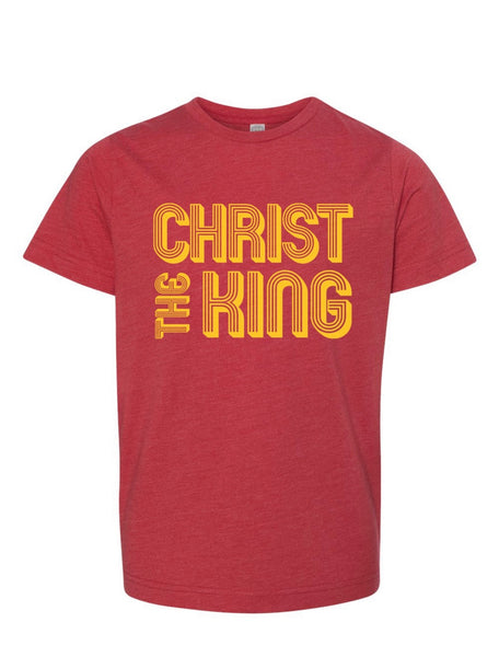 Adult & Youth Vintage Red Short Sleeve T-Shirt with "Christ the King" in Swirly Letters (Cotton or DriFit)