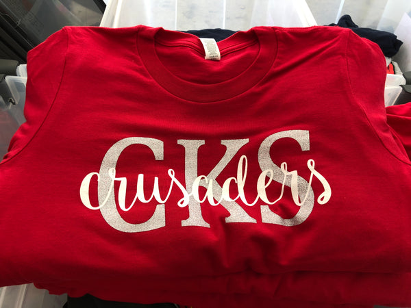 Women's Red T-Shirt with White Glitter "CKS" Letters