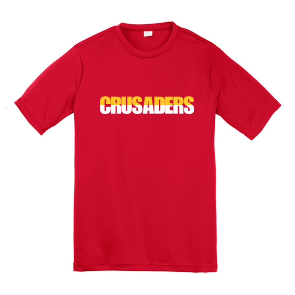 Youth Red Short Sleeve DriFit Shirt with Gold/White "Crusaders" Block Print