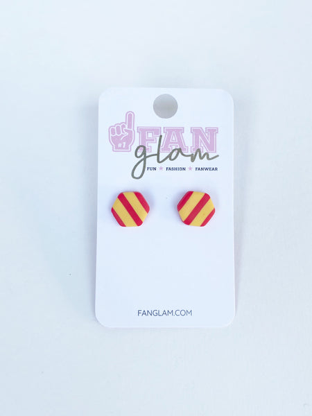 Red and Yellow Stripe Clay Hex Stud Earrings